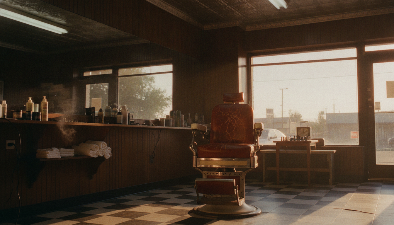 Inside Clipper Kings Barbershop in Fresno: nickel-armed chairs with oxblood leather seats along the mirror wall, black-and-white tile floor, late afternoon light through the front window.