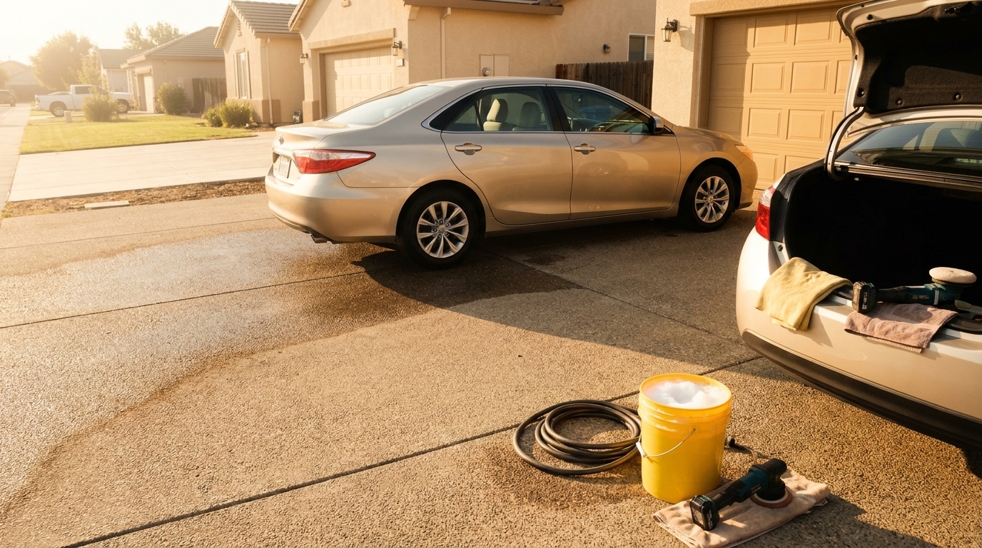 A car being dried by hand in a Fresno driveway at golden hour, low sun raking across the paint, hose coiled on warm concrete.