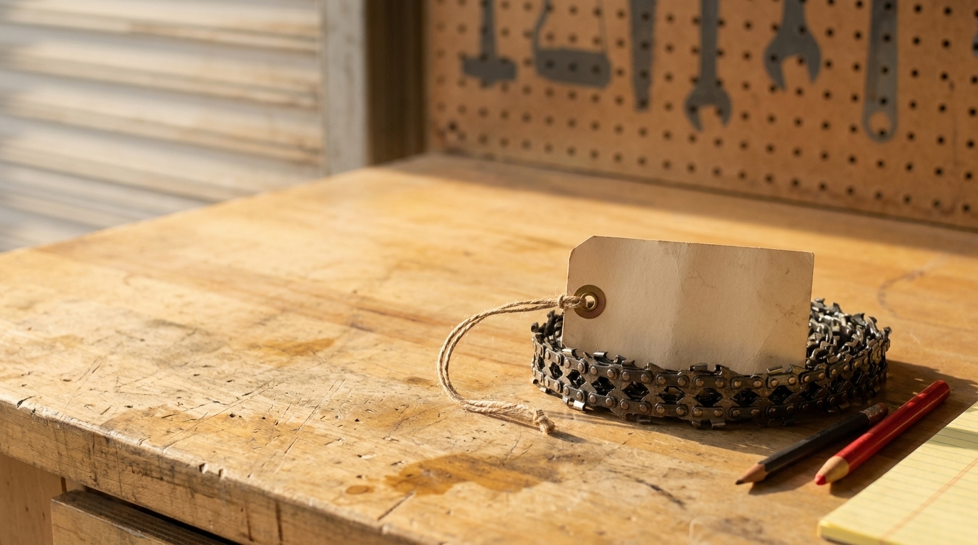 The worn maple counter at Sierra Saw and Tool, pegboard wall behind it hung with saws and manila claim tags on jute string, late afternoon light from the roll-up door.