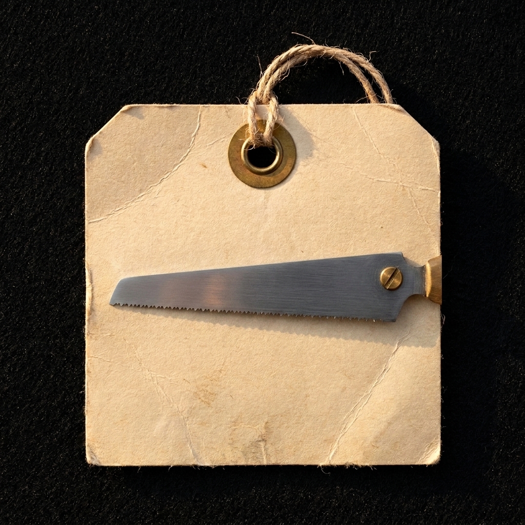Sharpened saw blade resting on the worn maple counter under flat afternoon light.